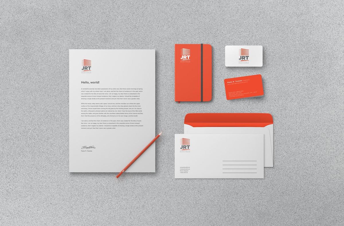 JRT Construções — Logo and stationery — design and final artwork.